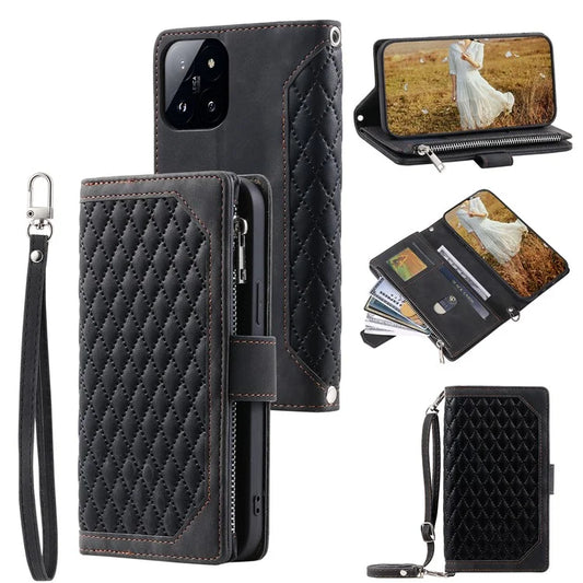 005 Style For Xiaomi 14 Case Zipper Pocket Phone Leather Cover with Hand Strap and Shoulder Strap