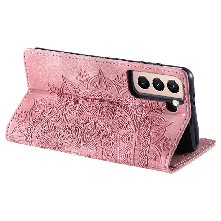 For Samsung Galaxy S22 5G Case Magnetic Auto Closing Mandala Flower Wallet Cover Gold