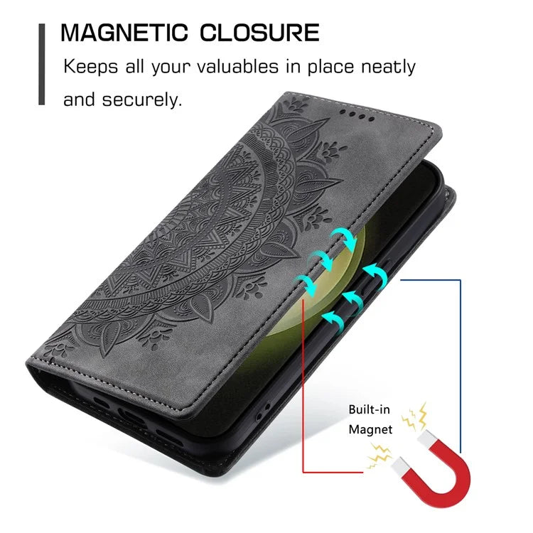 For Samsung Galaxy S23 Case Leather Imprinted Mandala Flower Phone Protector