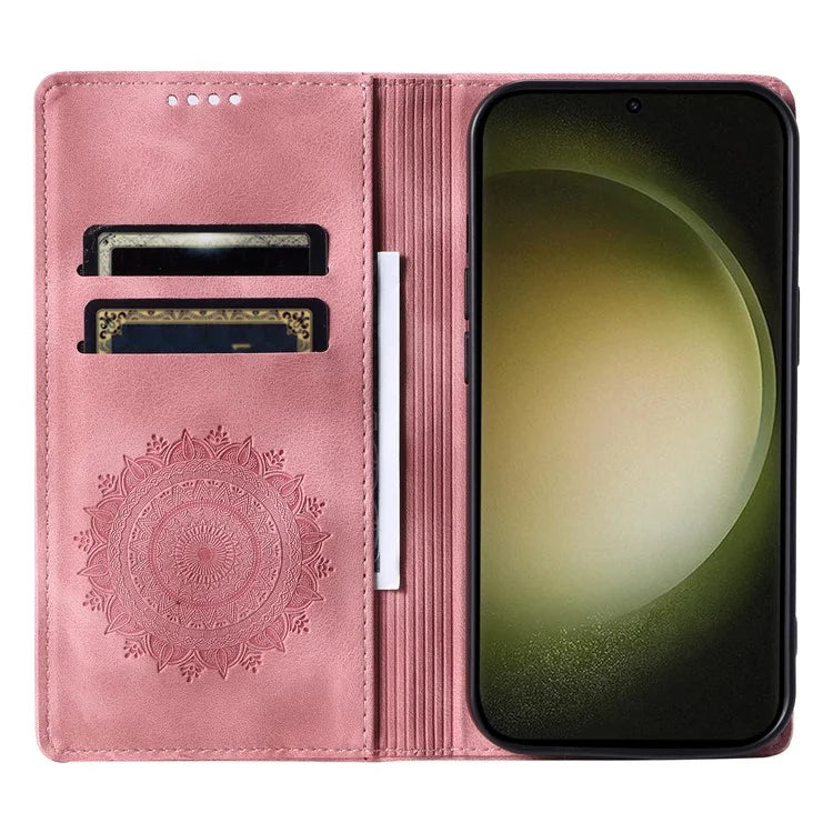 For Samsung Galaxy S23 Case Leather Imprinted Mandala Flower Phone Protector Gold