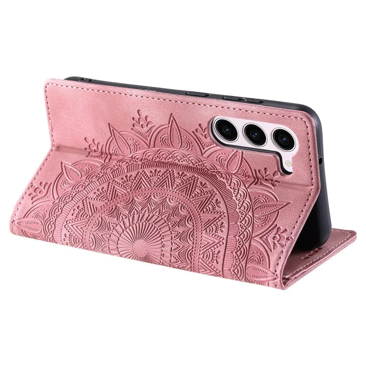 For Samsung Galaxy S23 Case Leather Imprinted Mandala Flower Phone Protector Gold