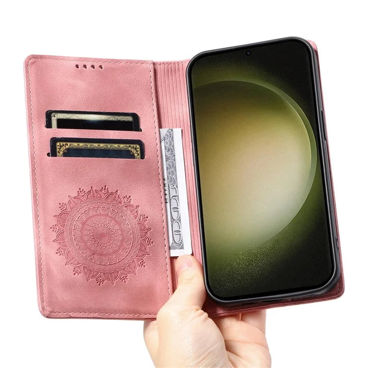 For Samsung Galaxy S23 Case Leather Imprinted Mandala Flower Phone Protector Gold