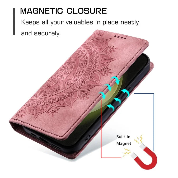 For Samsung Galaxy S23 Case Leather Imprinted Mandala Flower Phone Protector Gold