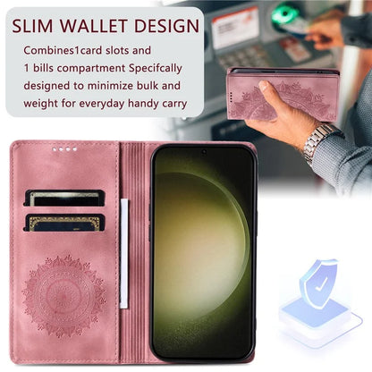 For Samsung Galaxy S23 Case Leather Imprinted Mandala Flower Phone Protector Gold