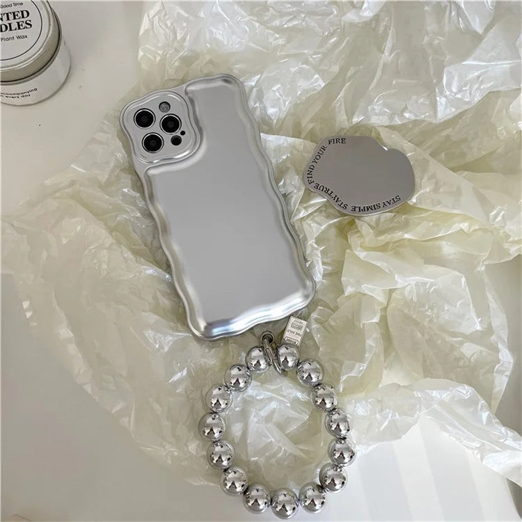 For iPhone 13 Pro Case Curly Wave Frame Airbag Phone Cover with Bead Chain