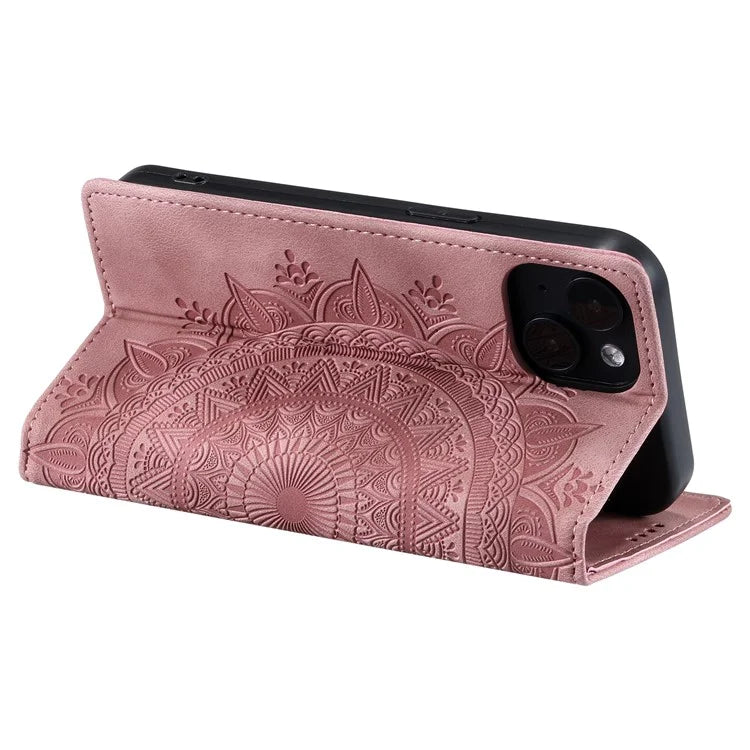 For iPhone 13 Case Magnetic Imprinted Stand PU Leather Phone Cover Gold