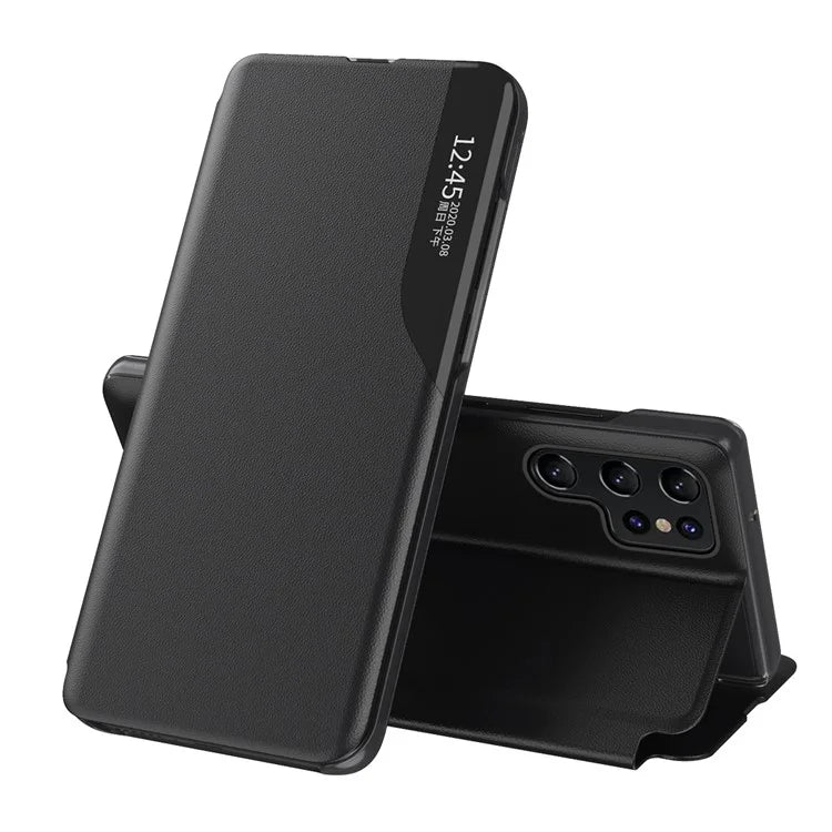 For Samsung Galaxy S24 Ultra Case Anti-scratch PU Leather Side View Window Stand Phone Protector