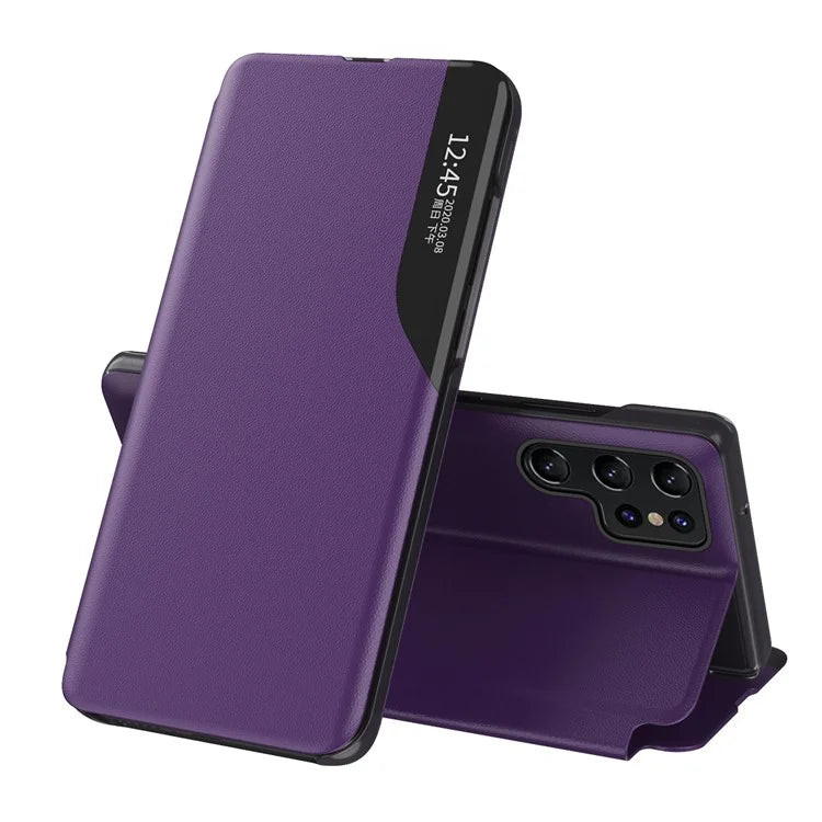 For Samsung Galaxy S24 Ultra Case Anti-scratch PU Leather Side View Window Stand Phone Protector