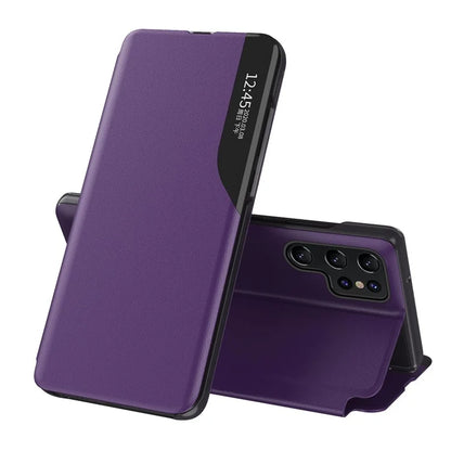 For Samsung Galaxy S24 Ultra Case Anti-scratch PU Leather Side View Window Stand Phone Protector