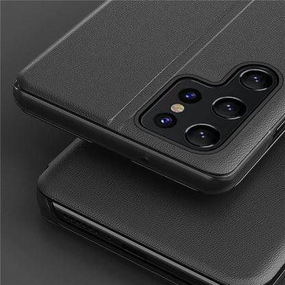 For Samsung Galaxy S24 Ultra Case Anti-scratch PU Leather Side View Window Stand Phone Protector