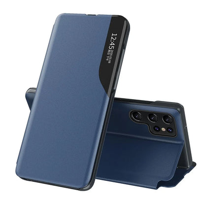 For Samsung Galaxy S24 Ultra Case Anti-scratch PU Leather Side View Window Stand Phone Protector