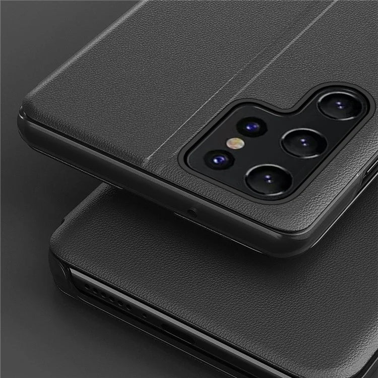 For Samsung Galaxy S24 Ultra Case Anti-scratch PU Leather Side View Window Stand Phone Protector