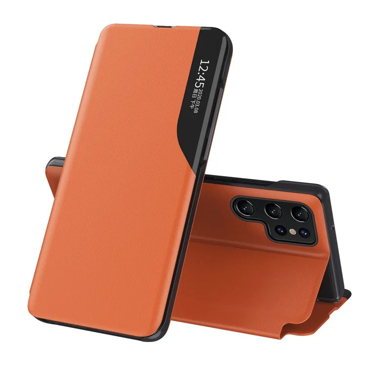For Samsung Galaxy S24 Ultra Case Anti-scratch PU Leather Side View Window Stand Phone Protector