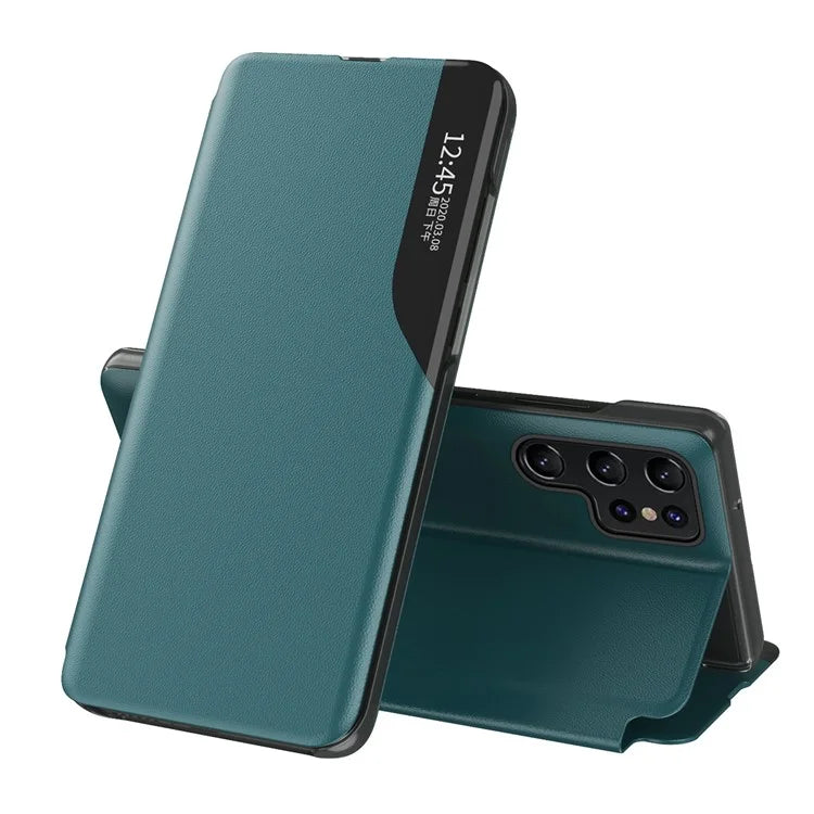For Samsung Galaxy S24 Ultra Case Anti-scratch PU Leather Side View Window Stand Phone Protector