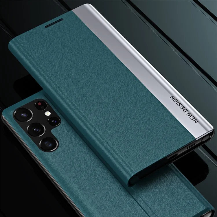 For Samsung Galaxy S24 Ultra Case Anti-scratch Leather Electroplating Stand Phone Cover