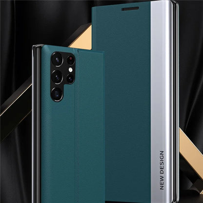 For Samsung Galaxy S24 Ultra Case Anti-scratch Leather Electroplating Stand Phone Cover