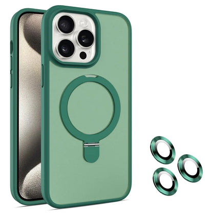 For iPhone 15 Pro Magnetic Case Ring Kickstand Phone Cover with Glass Lens Protector