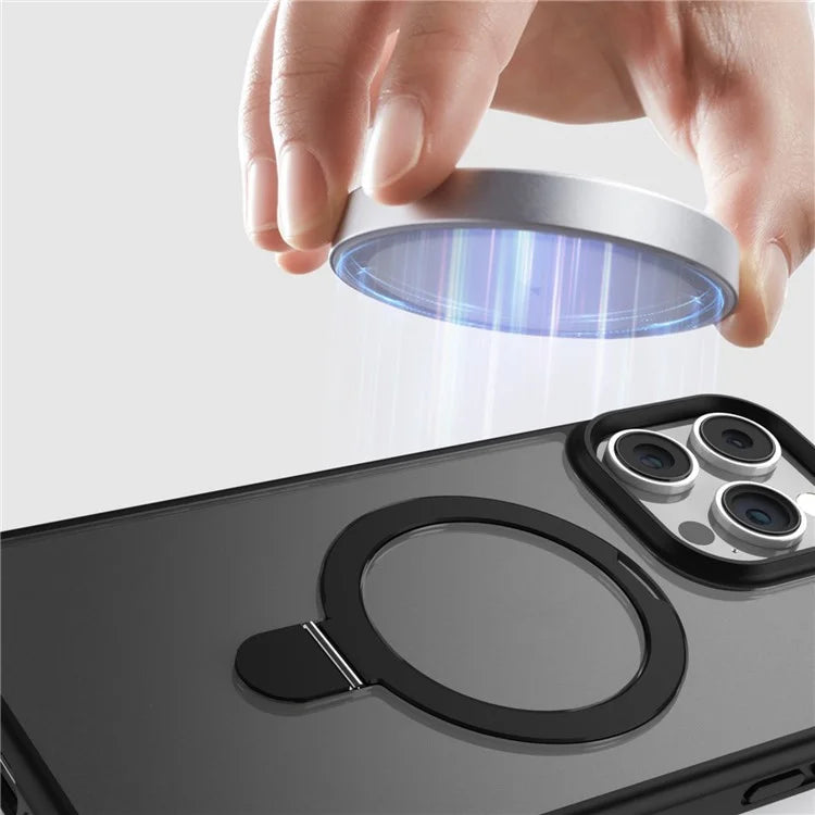 For iPhone 15 Pro Magnetic Case Ring Kickstand Phone Cover with Glass Lens Protector