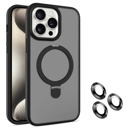 For iPhone 15 Pro Magnetic Case Ring Kickstand Phone Cover with Glass Lens Protector
