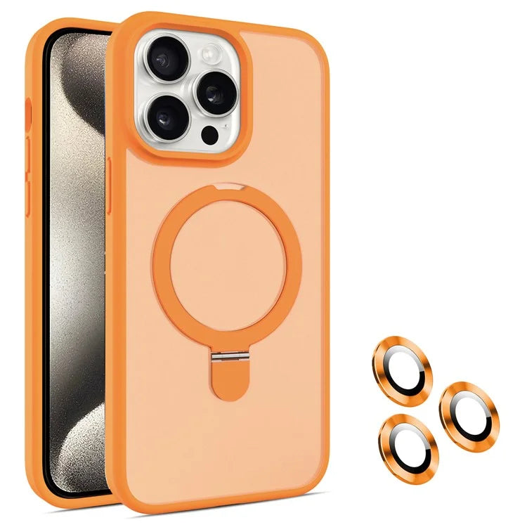 For iPhone 15 Pro Magnetic Case Ring Kickstand Phone Cover with Glass Lens Protector