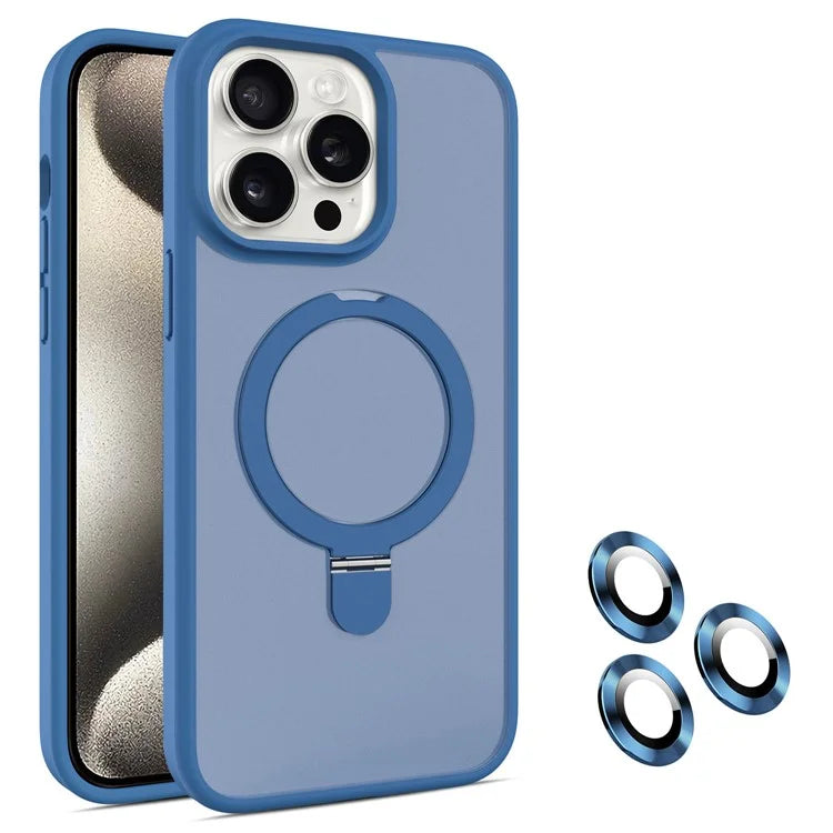 For iPhone 15 Pro Magnetic Case Ring Kickstand Phone Cover with Glass Lens Protector