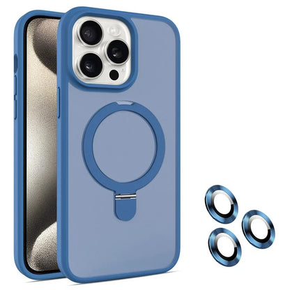 For iPhone 15 Pro Magnetic Case Ring Kickstand Phone Cover with Glass Lens Protector