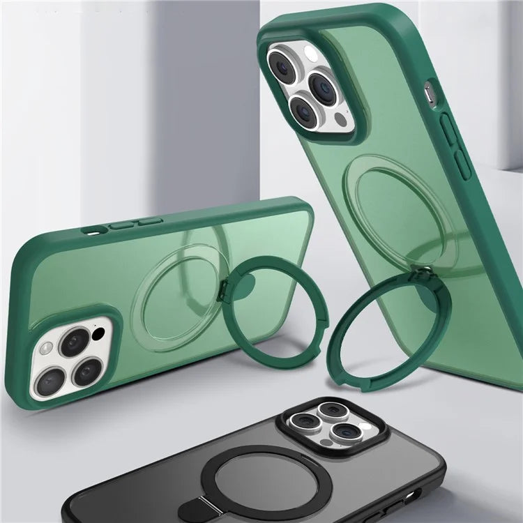 For iPhone 15 Pro Magnetic Case Ring Kickstand Phone Cover with Glass Lens Protector