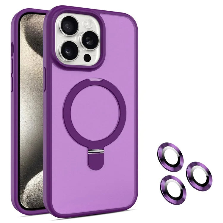 For iPhone 15 Pro Magnetic Case Ring Kickstand Phone Cover with Glass Lens Protector