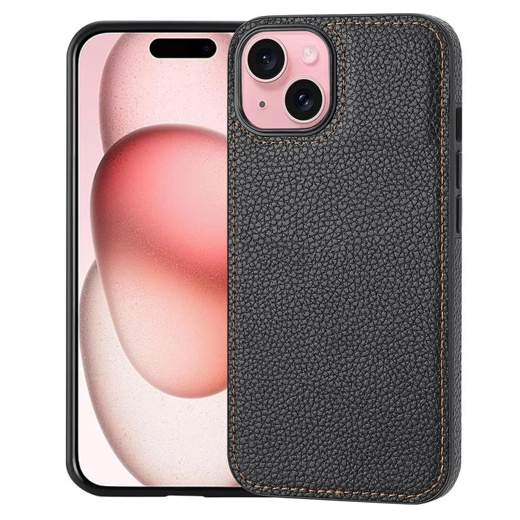 For iPhone 15 Case Anti-drop Litchi Texture PU Leather+TPU Phone Protector