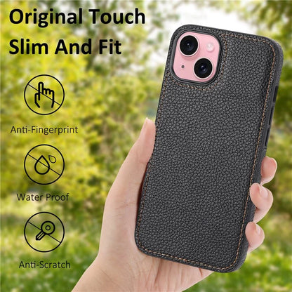 For iPhone 15 Case Anti-drop Litchi Texture PU Leather+TPU Phone Protector