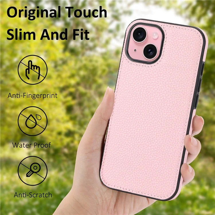 For iPhone 15 Case Anti-drop Litchi Texture PU Leather+TPU Phone Protector