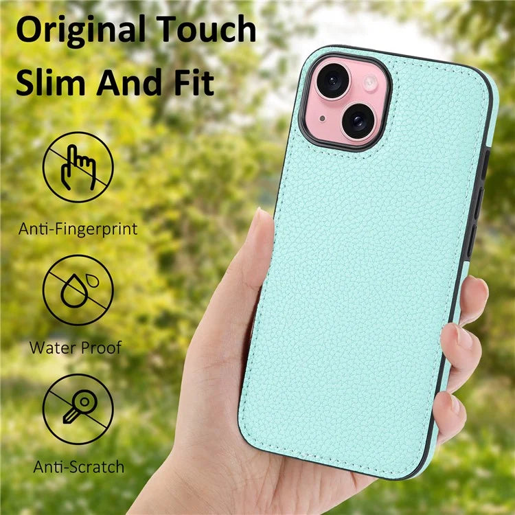 For iPhone 15 Case Anti-drop Litchi Texture PU Leather+TPU Phone Protector