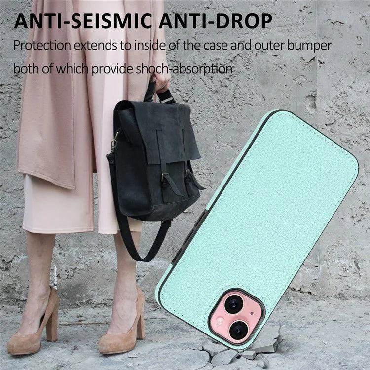 For iPhone 15 Case Anti-drop Litchi Texture PU Leather+TPU Phone Protector