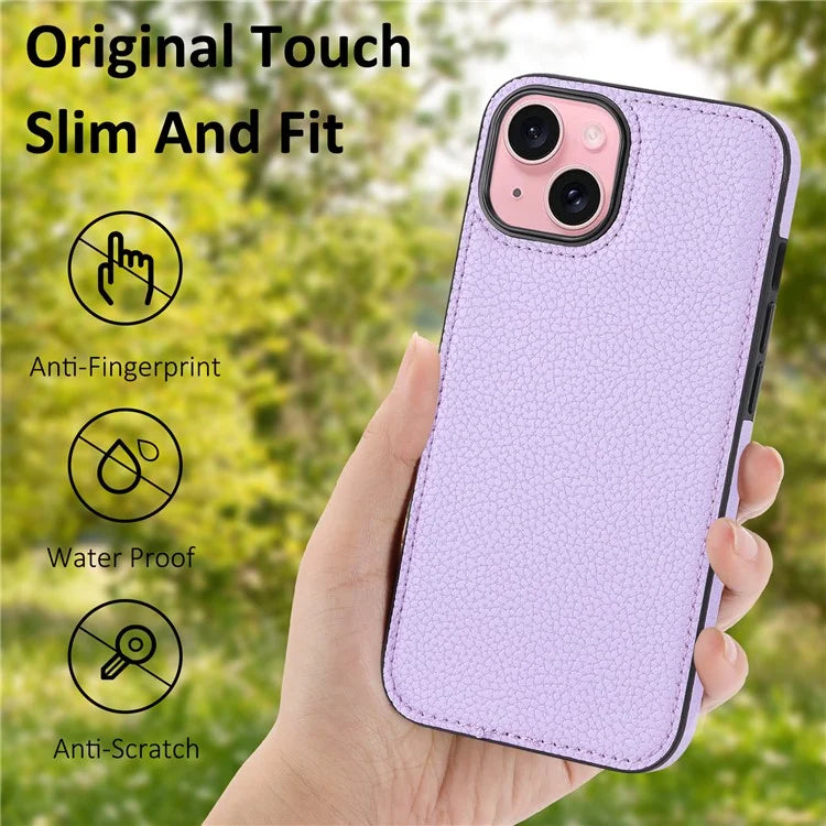 For iPhone 15 Case Anti-drop Litchi Texture PU Leather+TPU Phone Protector