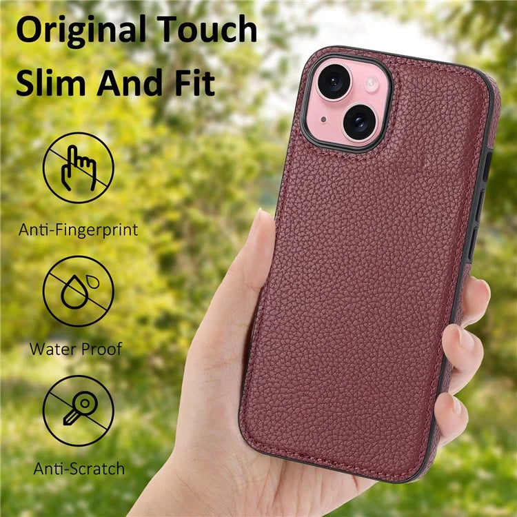 For iPhone 15 Case Anti-drop Litchi Texture PU Leather+TPU Phone Protector