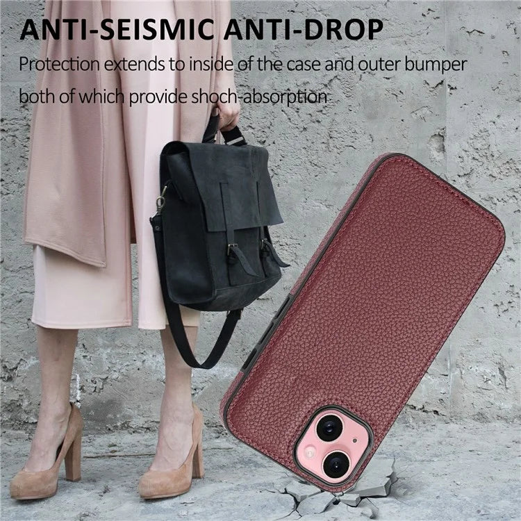 For iPhone 15 Case Anti-drop Litchi Texture PU Leather+TPU Phone Protector