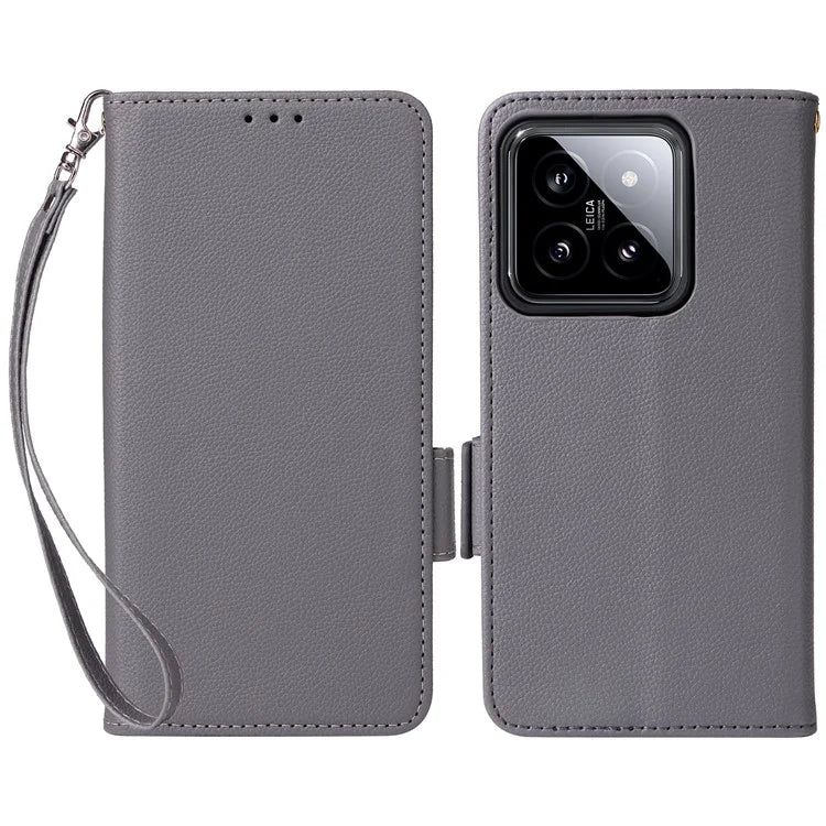 For Xiaomi 14 Case Litchi Texture Anti-Collision PU Leather Smartphone Cover with Strap