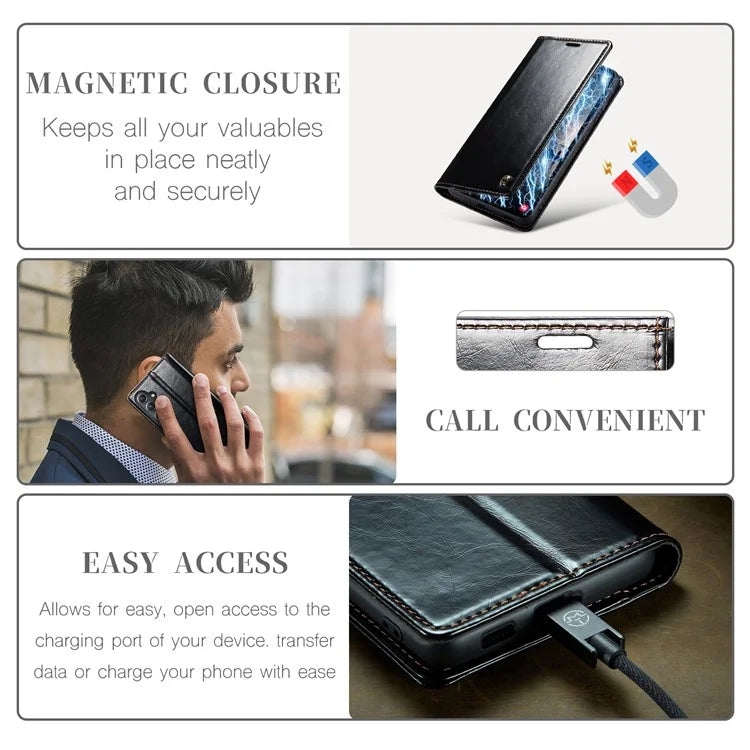 CASEME 003 Series For Samsung Galaxy S23 FE Case Waxy Crazy Horse Texture Wallet Phone Cover
