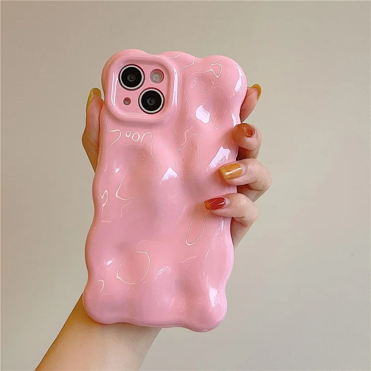 For iPhone 15 Phone Case Wavy Edge Solid Color Macaron Rugged TPU Cover