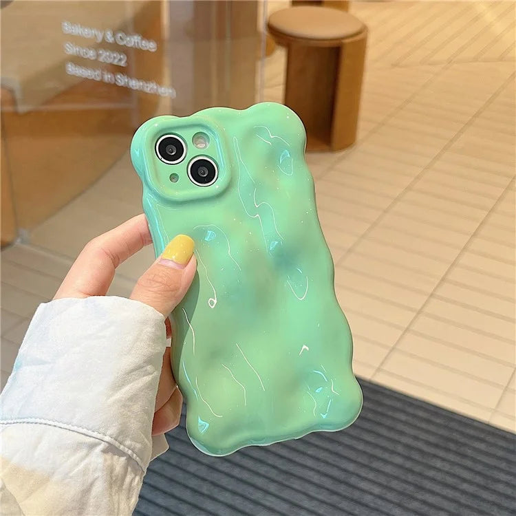 For iPhone 15 Phone Case Wavy Edge Solid Color Macaron Rugged TPU Cover