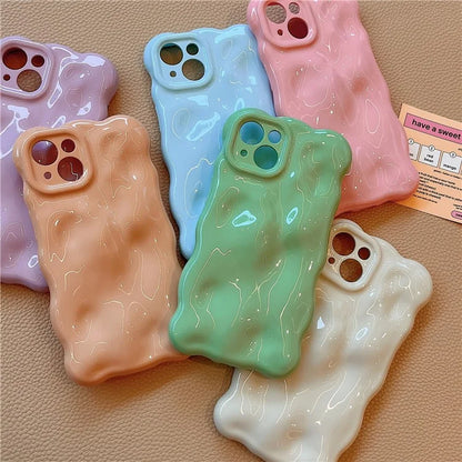 For iPhone 15 Phone Case Wavy Edge Solid Color Macaron Rugged TPU Cover