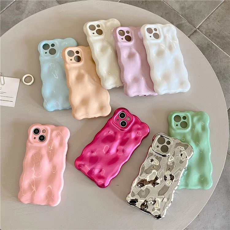For iPhone 15 Phone Case Wavy Edge Solid Color Macaron Rugged TPU Cover