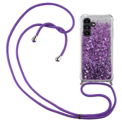 For Samsung Galaxy A14 5G Case Clear Quicksand Glitter Flowing Liquid TPU Phone Protector with Lanyard