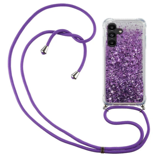 For Samsung Galaxy A14 5G Case Clear Quicksand Glitter Flowing Liquid TPU Phone Protector with Lanyard