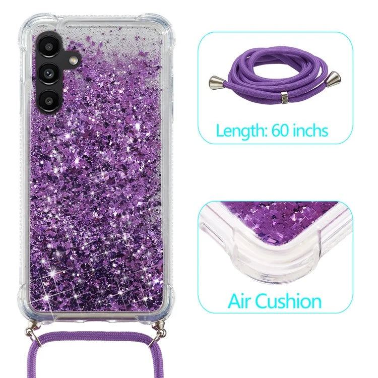 For Samsung Galaxy A14 5G Case Clear Quicksand Glitter Flowing Liquid TPU Phone Protector with Lanyard