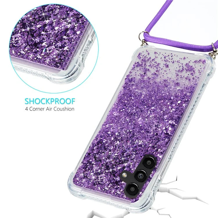 For Samsung Galaxy A14 5G Case Clear Quicksand Glitter Flowing Liquid TPU Phone Protector with Lanyard