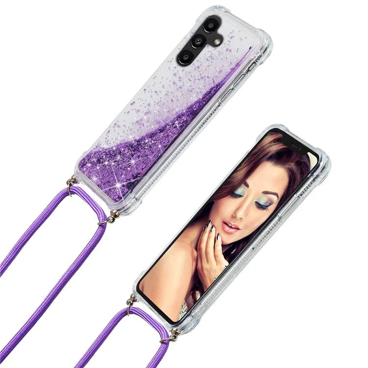 For Samsung Galaxy A14 5G Case Clear Quicksand Glitter Flowing Liquid TPU Phone Protector with Lanyard