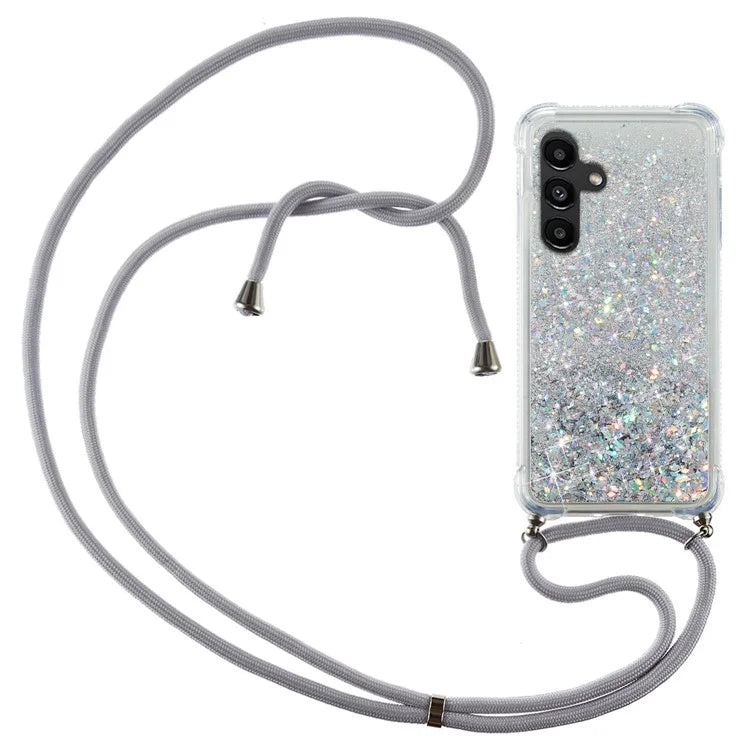 For Samsung Galaxy A14 5G Case Clear Quicksand Glitter Flowing Liquid TPU Phone Protector with Lanyard