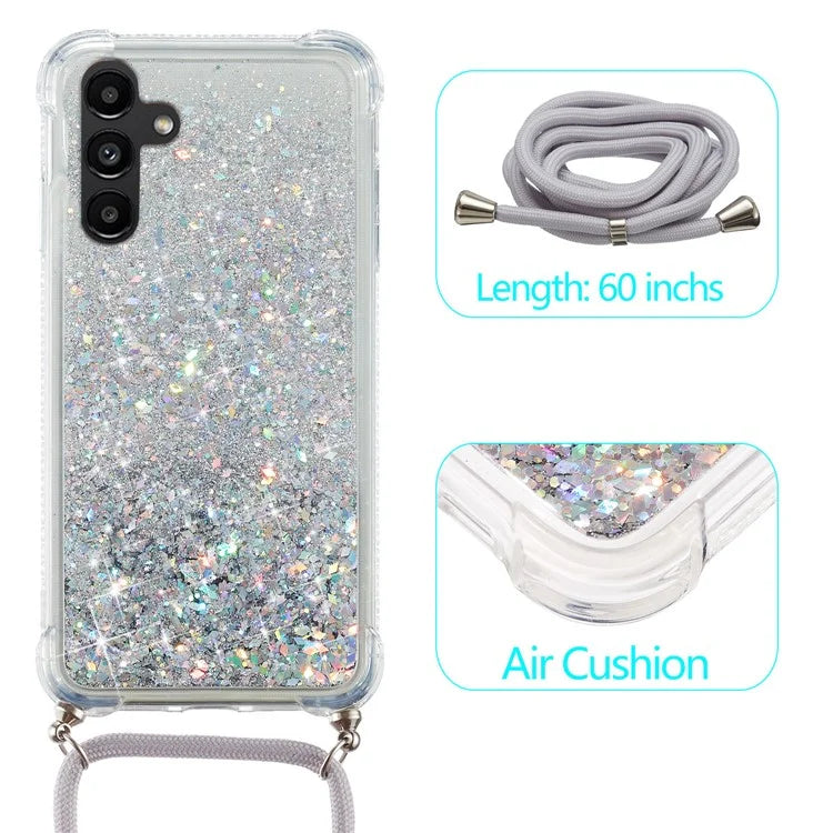 For Samsung Galaxy A14 5G Case Clear Quicksand Glitter Flowing Liquid TPU Phone Protector with Lanyard
