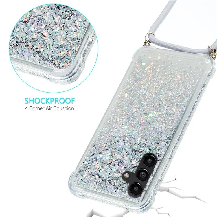 For Samsung Galaxy A14 5G Case Clear Quicksand Glitter Flowing Liquid TPU Phone Protector with Lanyard